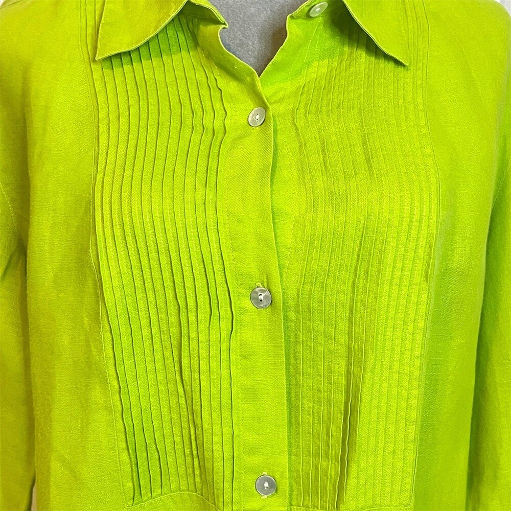 100% Linen Pintuck Pleated Top Green Workwear Vacation Lightweight Breathable - Picture 2 of 9